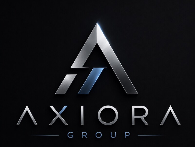 The Axiora Group brushed-metal monogram and wordmark on a charcoal background